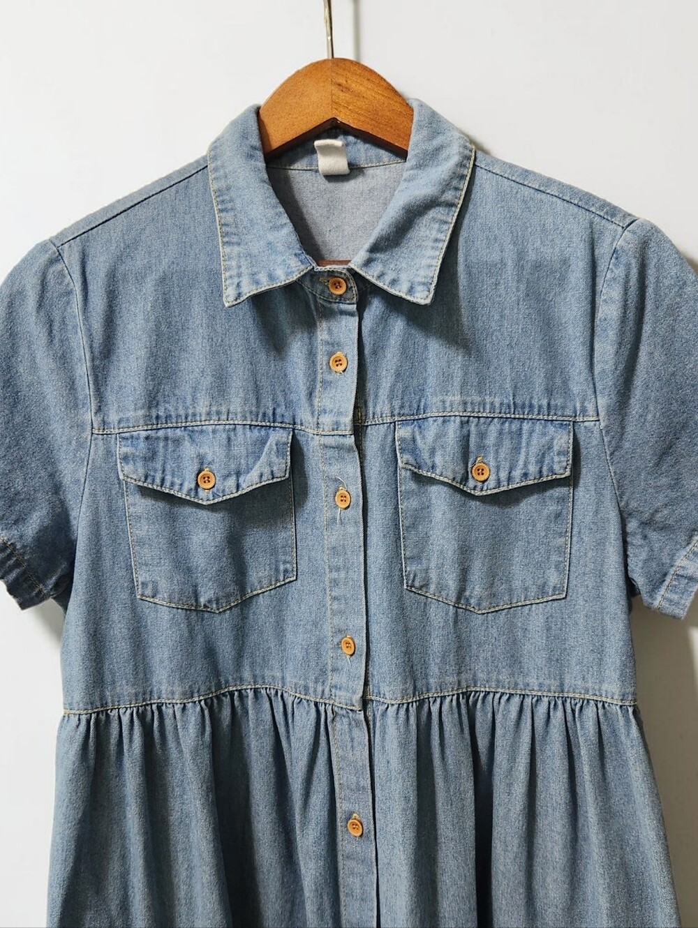 Cy Chambray Ruffle Tiered Midi Dress Women M Cottage Boho Lagenlook Short Sleeve - Picture 3 of 12